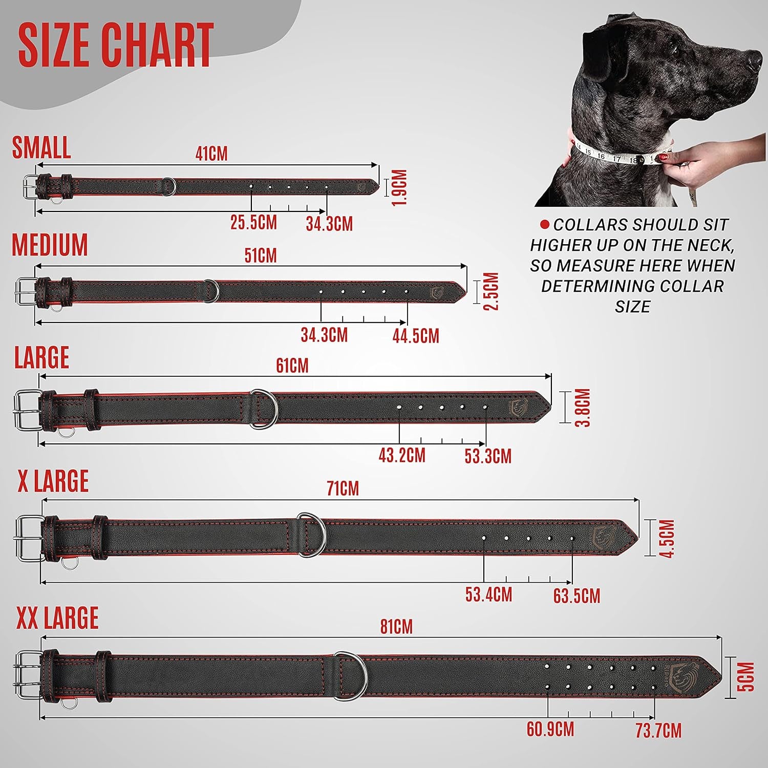 Riparo Adjustable Leather Dog Collar - Heavy Duty Wide Dog Collar for Small, Medium, Large and Extra Large Dogs with Dog Tag Holder (XXL: 2” Wide for 24”-29” Neck, Black/Red Thread)