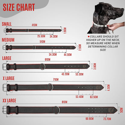 Riparo Adjustable Leather Dog Collar - Heavy Duty Wide Dog Collar for Small, Medium, Large and Extra Large Dogs with Dog Tag Holder (XXL: 2” Wide for 24”-29” Neck, Black/Red Thread)